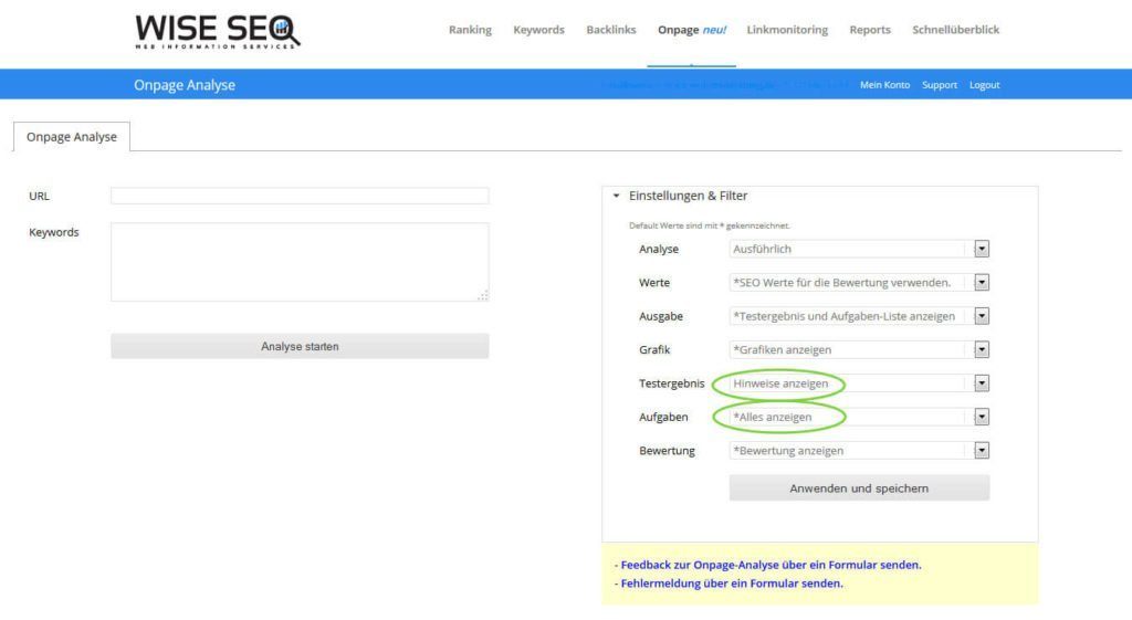 WISE SEO Suite Onpage Analyse