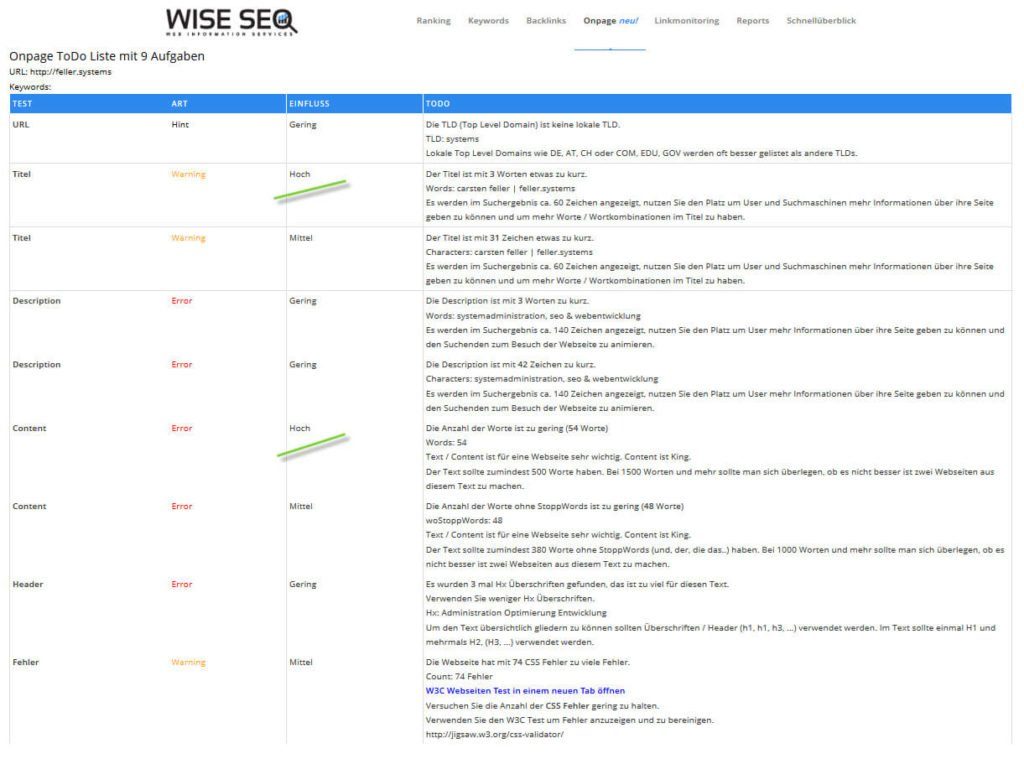 Die Zusammenfassung der Onpage Analyse WISE SEO Suite