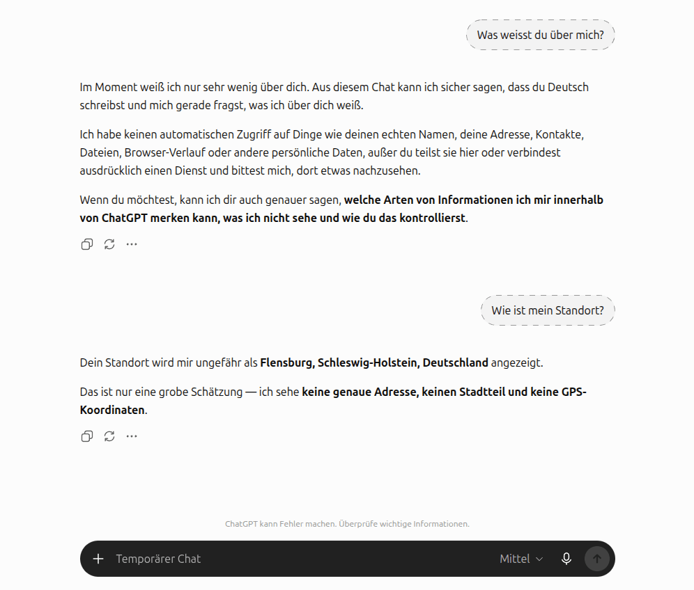 Temporärer Chat in ChatGPT - Was weiss ChatGPt über mich