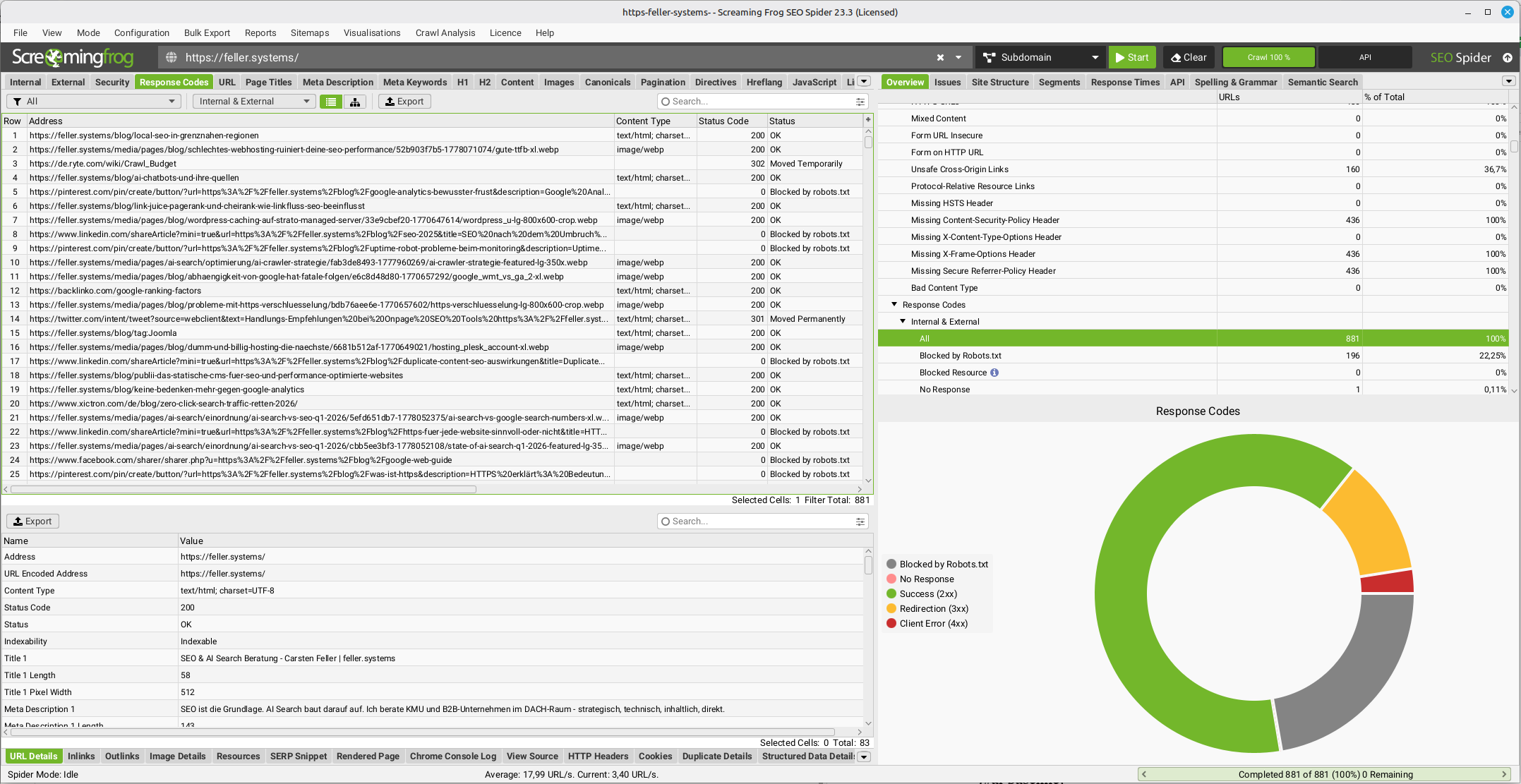 Screaming Frog Crawl-Export mit Statuscodes als technischer Baseline-Export