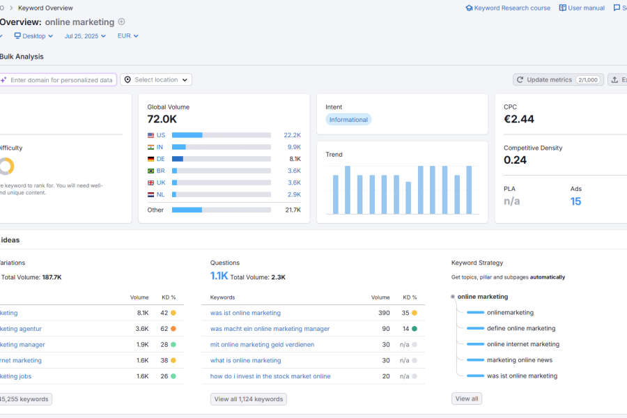 Semrush Keyword Overview für Online Marketing