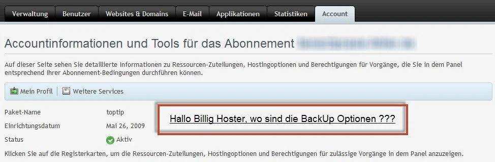 Nicht vorhandene BackUp Option im Plesk bei Billighoster