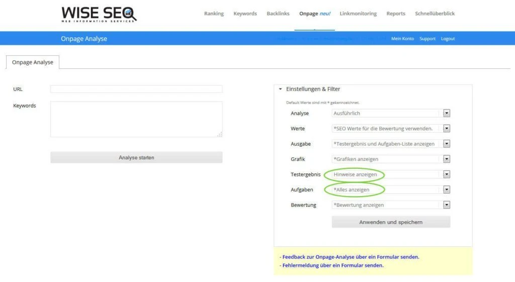 WISE SEO Suite Onpage Analyse