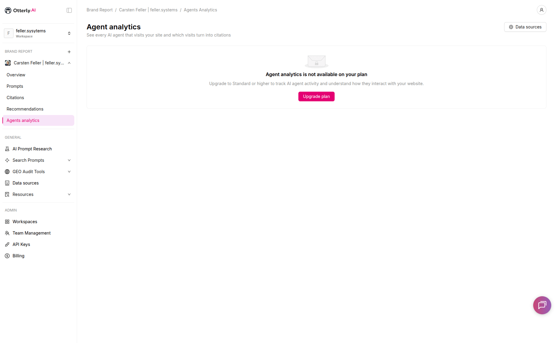 Otterly.ai Agent Analytics mit dem Hinweis, dass die Funktion im aktuellen Tarif nicht verfügbar ist