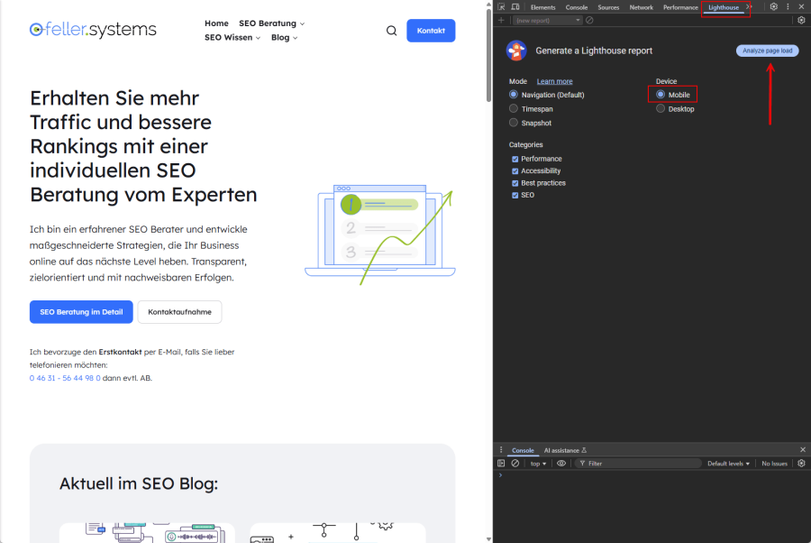 Lighthouse-Tab in der DevTools-Navigationsleiste