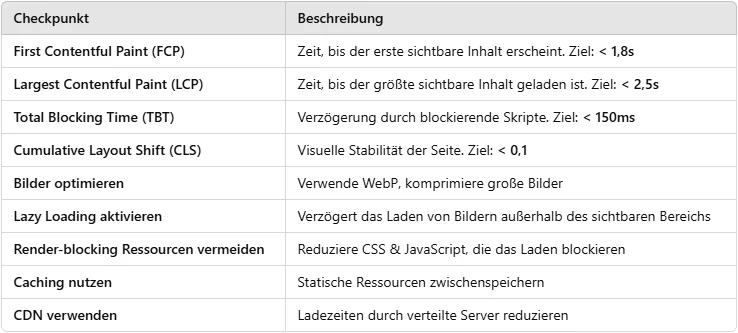 Performance-Checkliste (Infografik)