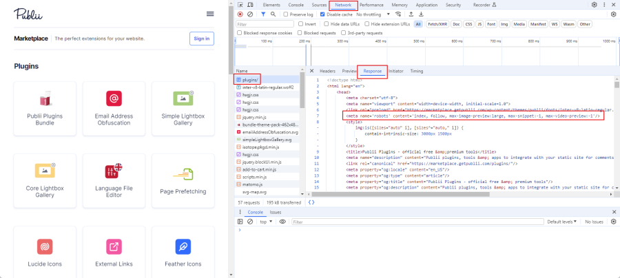 Meta-Robots-Tag im DevTools Elements-Tab