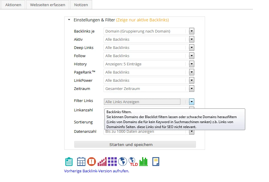 Filterung der Backlinks – WISE SEO Suite