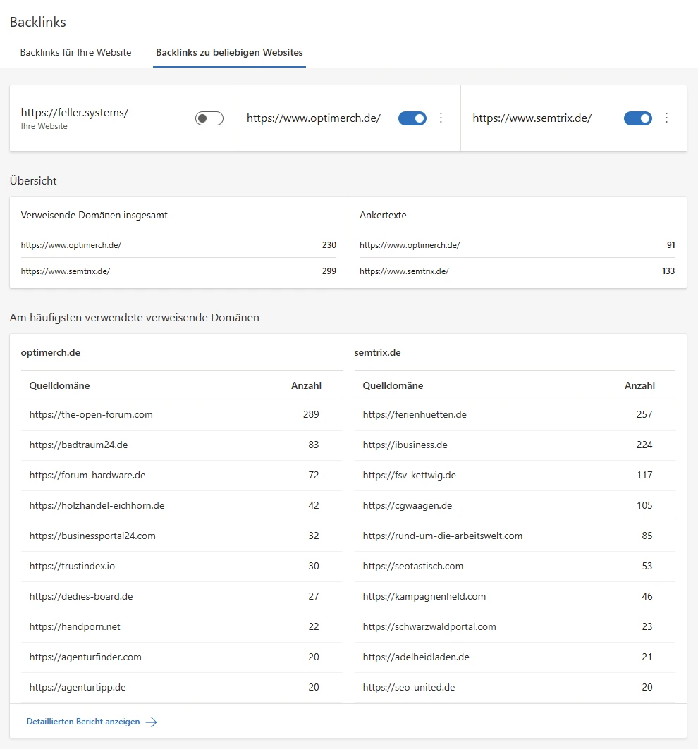 Backlink Analyse von Wettbewerbern in den Bing Webmaster Tools
