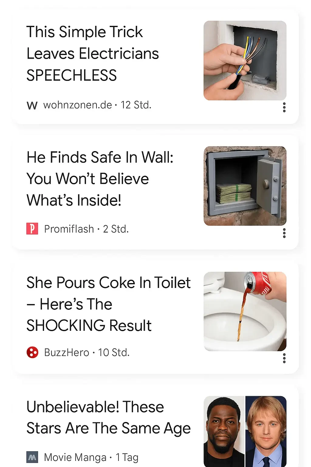 Fiktionale Clickbait-Beispiele aus dem Google Discover Feed