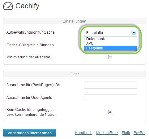 Einstellungen des Plugins Cachify