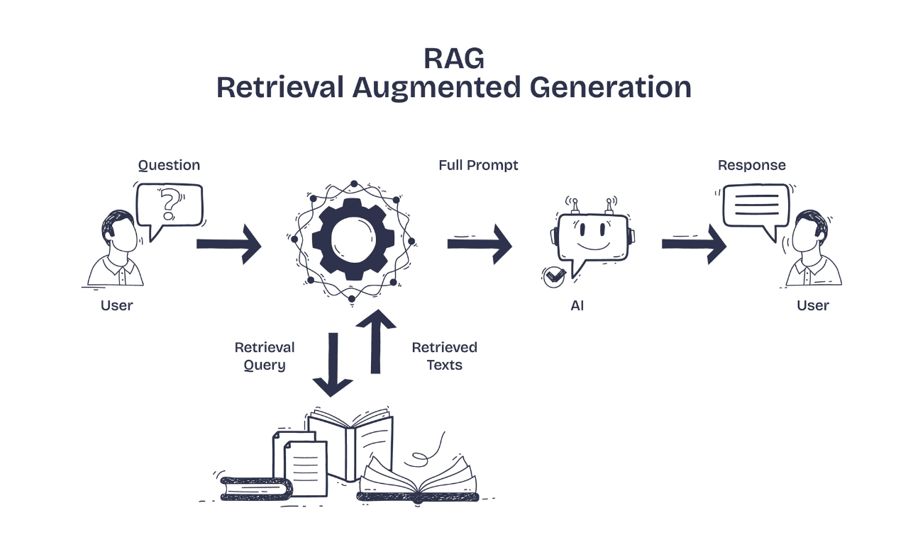 Schematische Darstellung des RAG-Prozesses (Retrieval-Augmented Generation): Ablauf vom User Query über das Information Retrieval aus dem Index bis zur Generierung der Antwort durch das LLM.