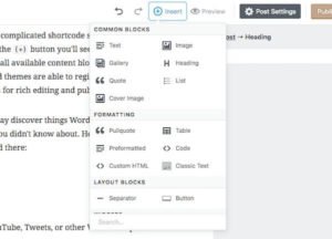 Screenshot der Optionen des Gutenberg Editors