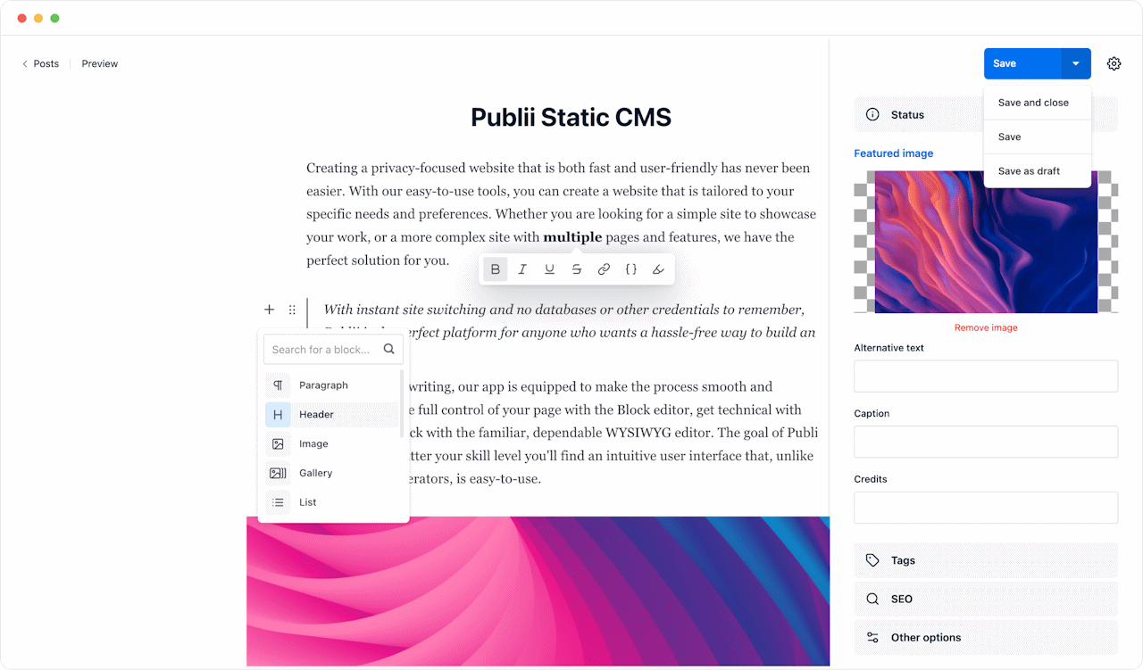 Screenshot Publii Static CMS Contenterstellung im Block-Editor