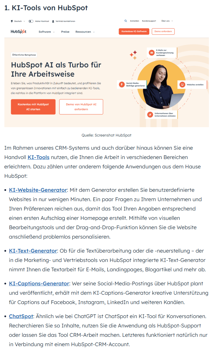 Screenshot der Hubspot Webseite über die hauseigenen KI Tools
