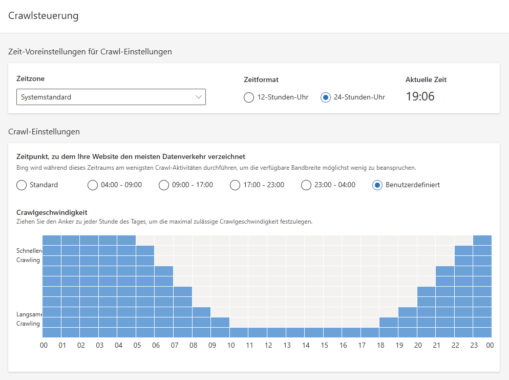 Einstellung in Bing Webmaster Tools, die die Crawling-Zeiträume festlegt.
