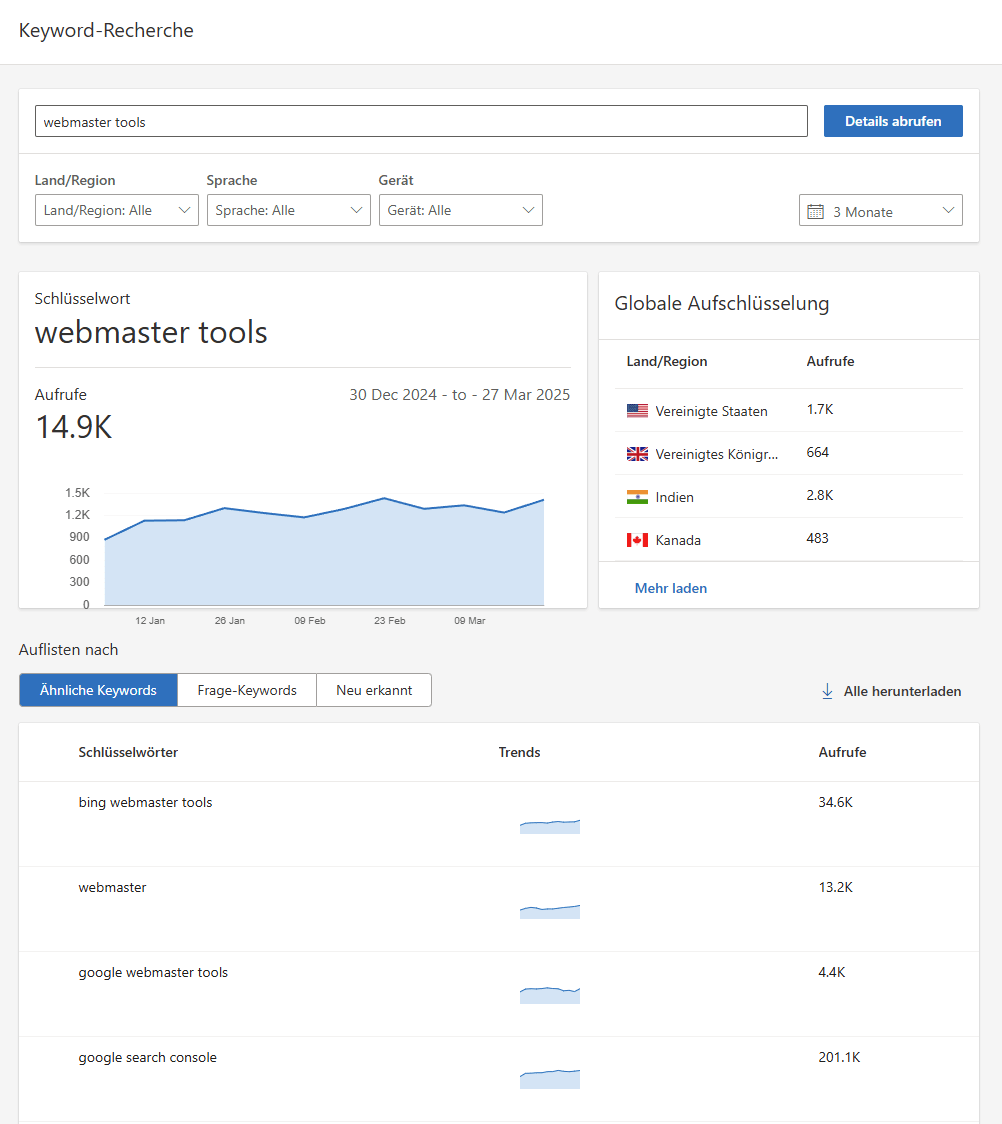 Das Keyword Recherche Tool in den Bing Webmaster Tools