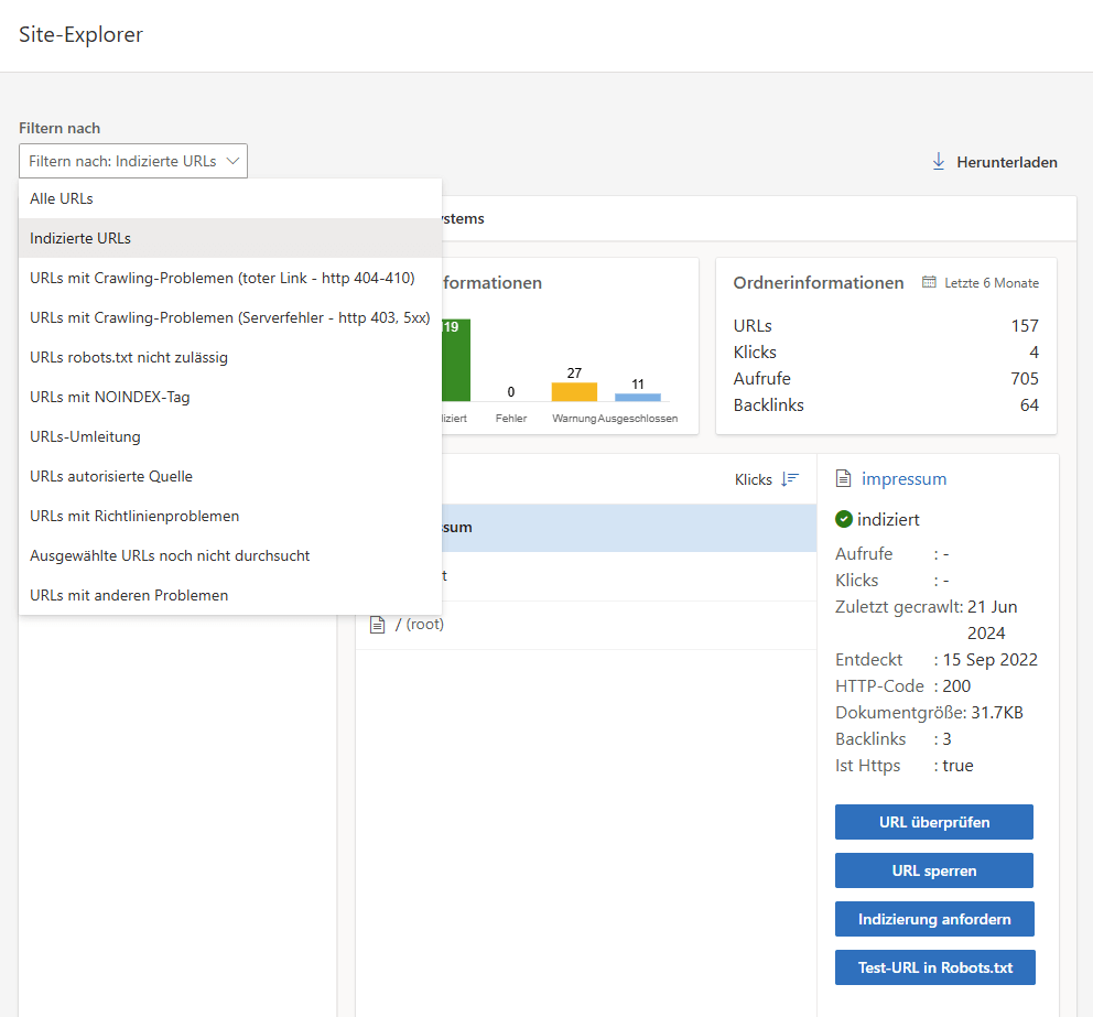 Bing WMT Site-Explorer mit Überblick über indexierte Seiten